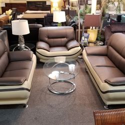 Brand New Brown/Biege Bonded Leather 3PCs Sofa Set
