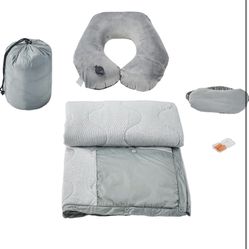 Commollis 4-in-1 Travel Pillow and Blanket Set for Airplanes - Includes Blanket, Inflatable Pillow, Eye Mask, and Earplugs (Grey