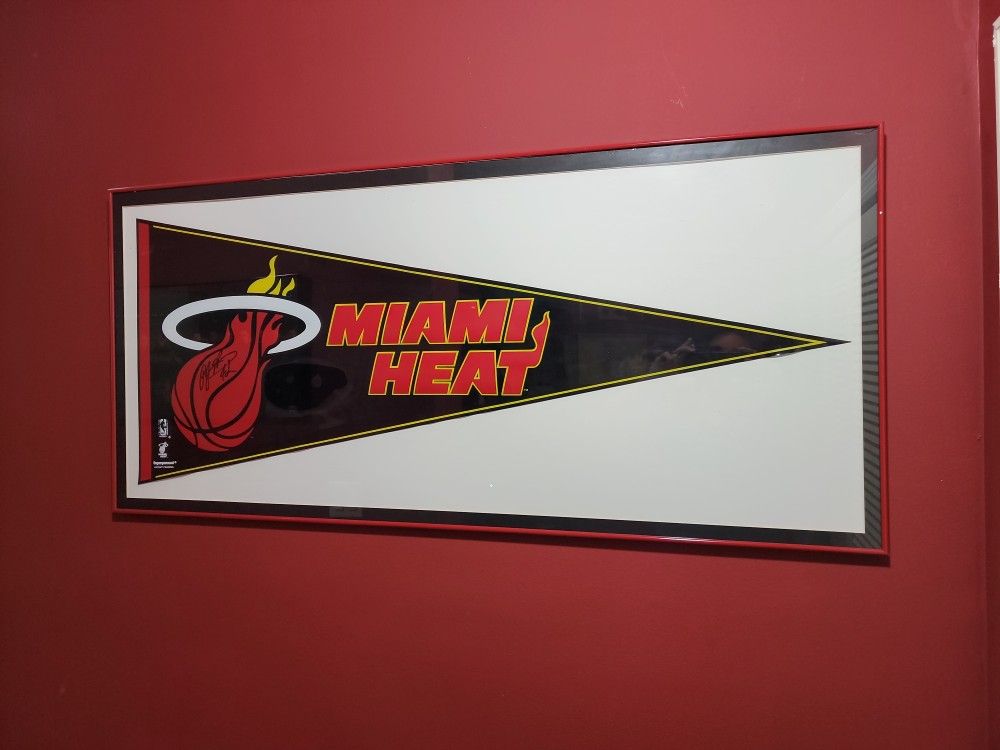 Autographed and Framed Miami Heat Flag by PJ Brown #42