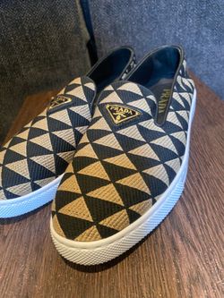 Prada Jacquard Trianglolo Symbole Embroidered Metal Triangle Logo Slip On Sneakers