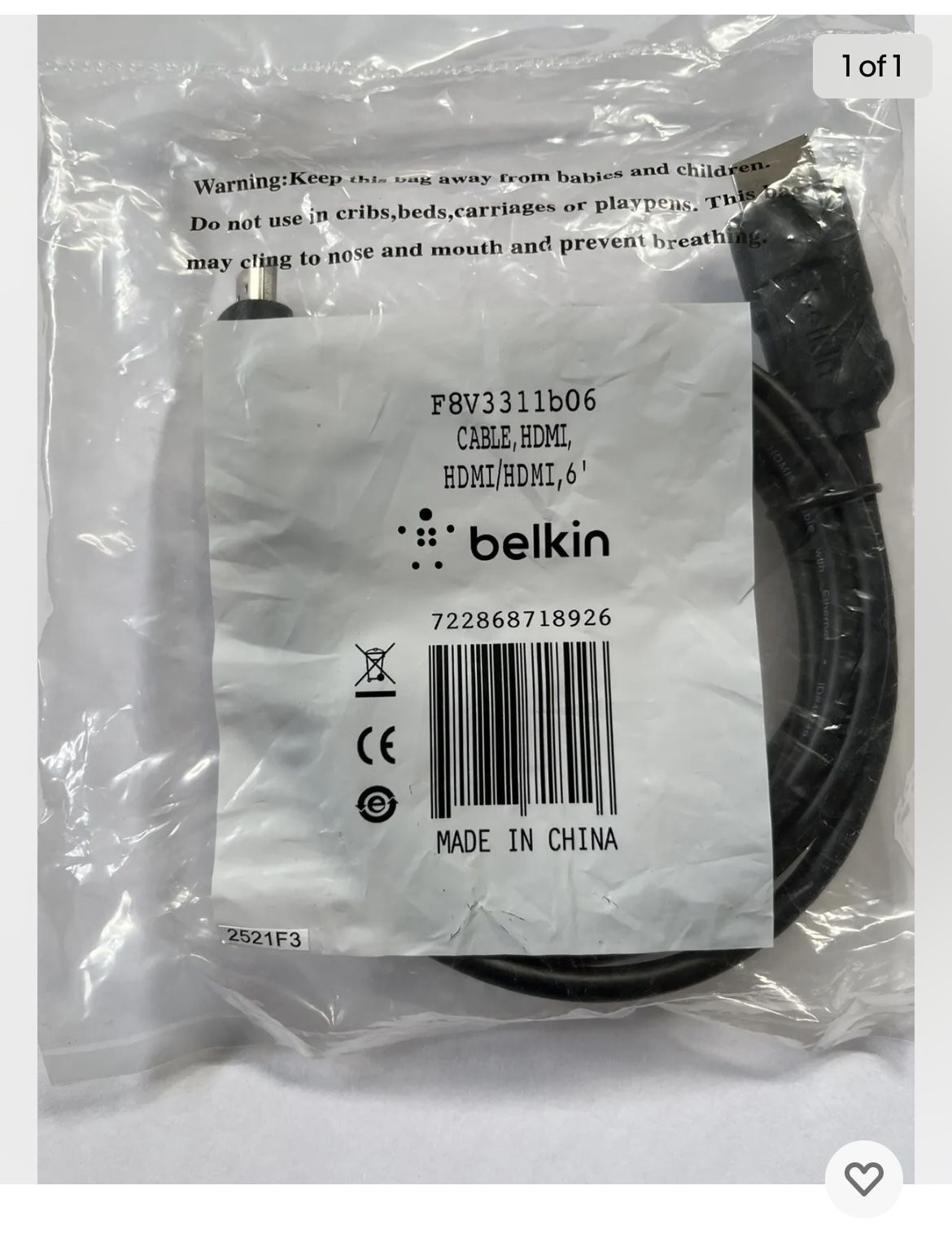 Belkin HDMI to HDMI M / M Cable 6 ft F8V3311B06 Brand New Factory Sealed