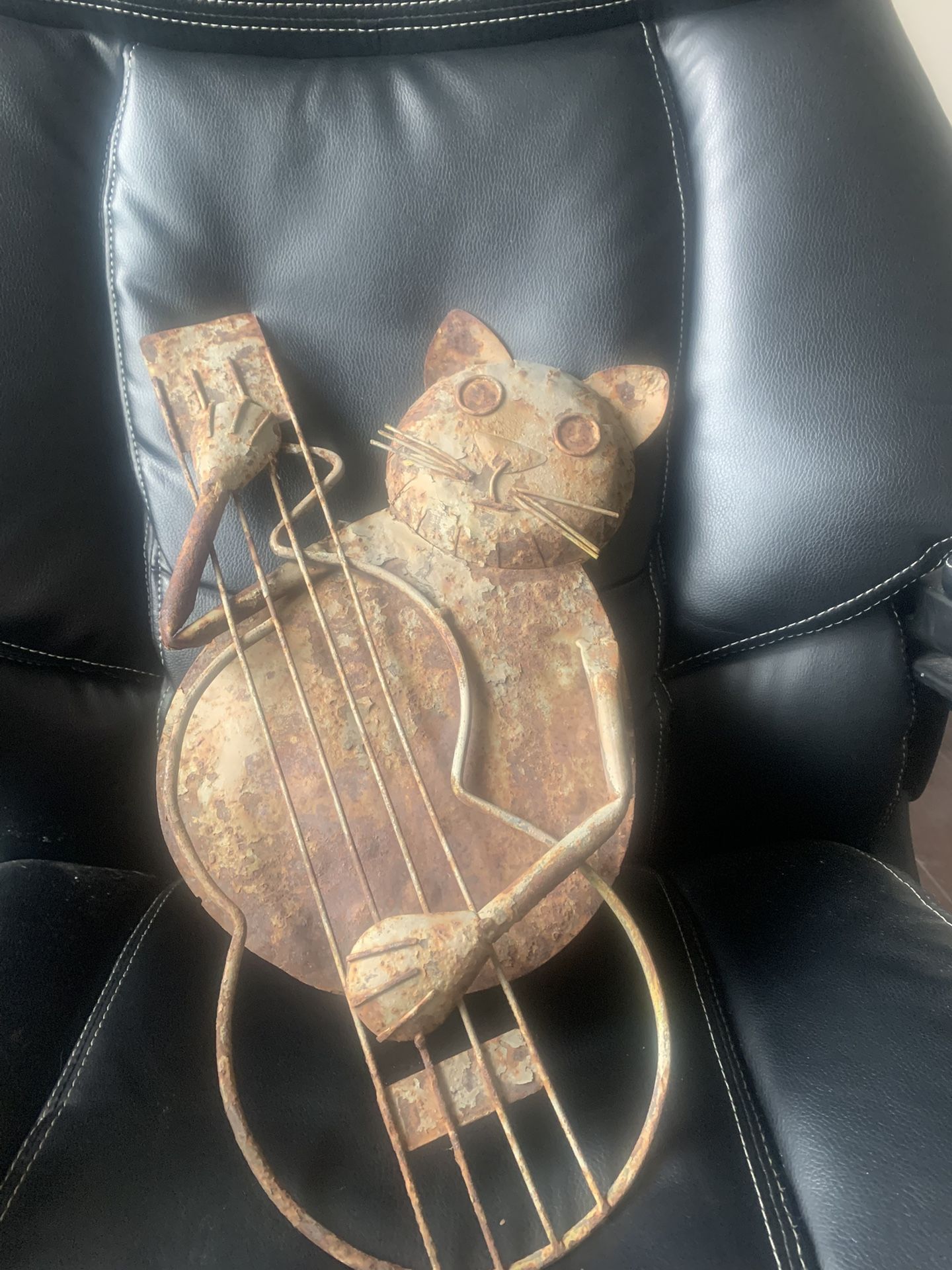 Rustic Hand Crafted Metal Cat Playing Guitar