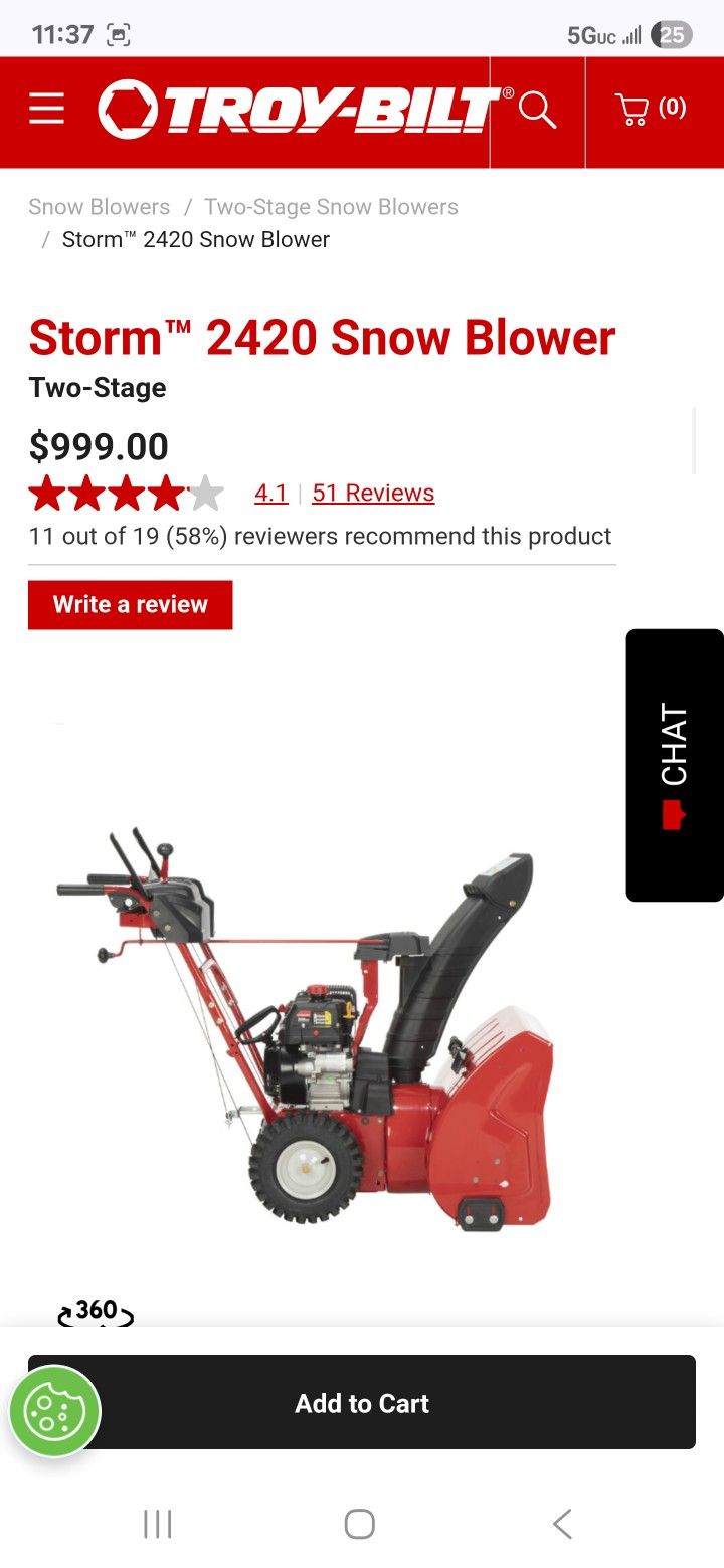 Troy-Bilt Storm 2420 Snowblower Brand New