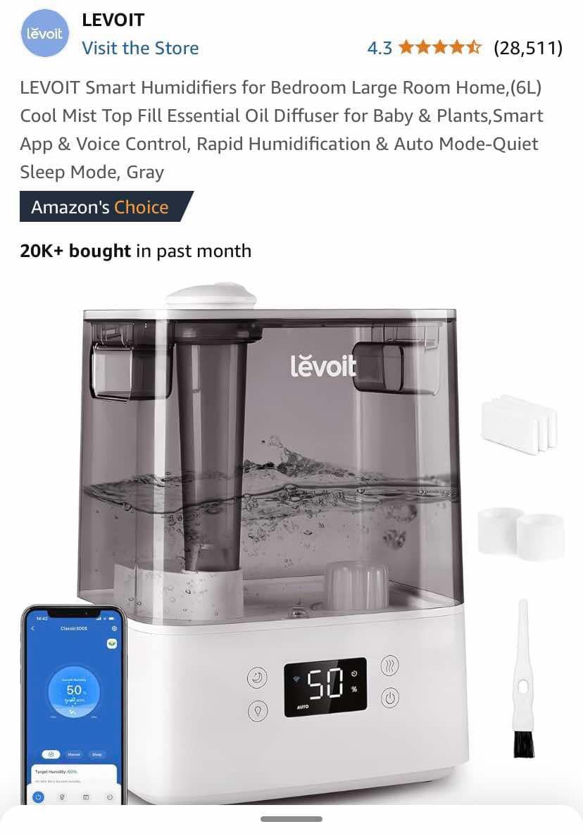 LEVOIT Smart App l Humidifiers (6L) Cool Mist Top Fill Essen. Oil Diffuser Quiet Sleep Mode NEW 5 Av