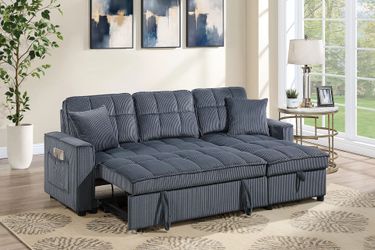 Brand New Grey Corduroy Sectional Sofa Storage Sleeper