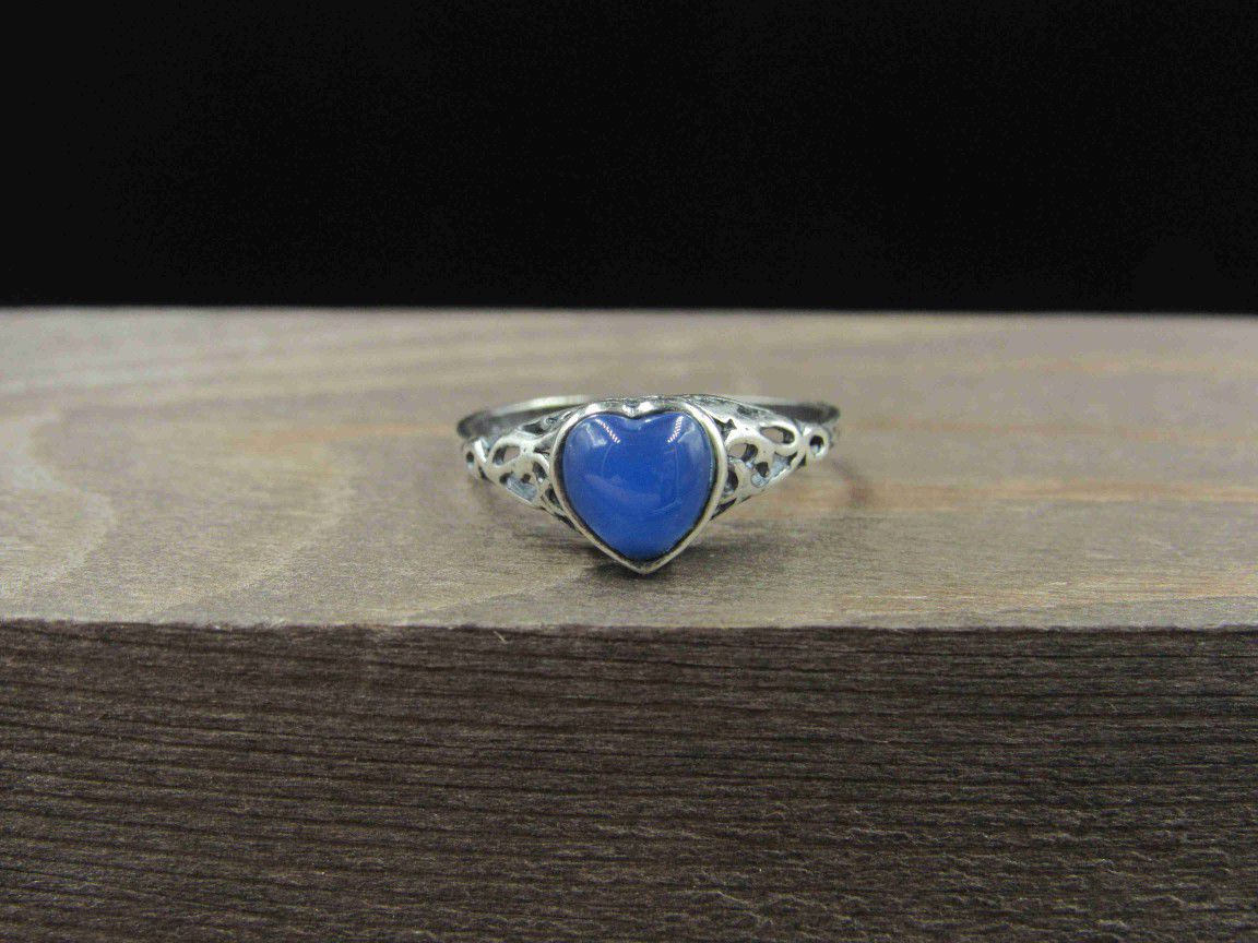 Size 6 Sterling Silver Blue Heart Filigree Band Ring Vintage Statement Engagement Wedding Promise Anniversary Bridal Cocktail Friendship