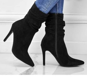 Black Faux Suede Stiletto Heeled Side Zipper wrinkle boots