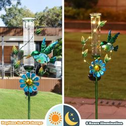 MUMTOP Rain Gauge Outdoor, Solar Powered Decorative Metal Hummingbird Flower Stake for Lawn Yard and Garden