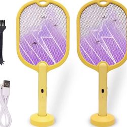 2 Pack Portable Bug Zapper USB Rechargeable 20" Electric Fly Swatter with Stand Base Mosquitoes Trap Lamp 3-Layer Safety Mesh Fly Killer Racket for In