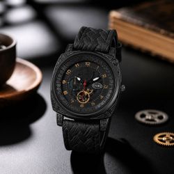 Black Men's Fashion Business Quartz Watch  Woven PU Leather Band Hollow Dial Triple-Eye Style Wristwatch 39mm
Men's fashion business-style quartz wris