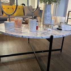 A Coffee Table And It’s Side End Table, Marble With Metal Legs. 