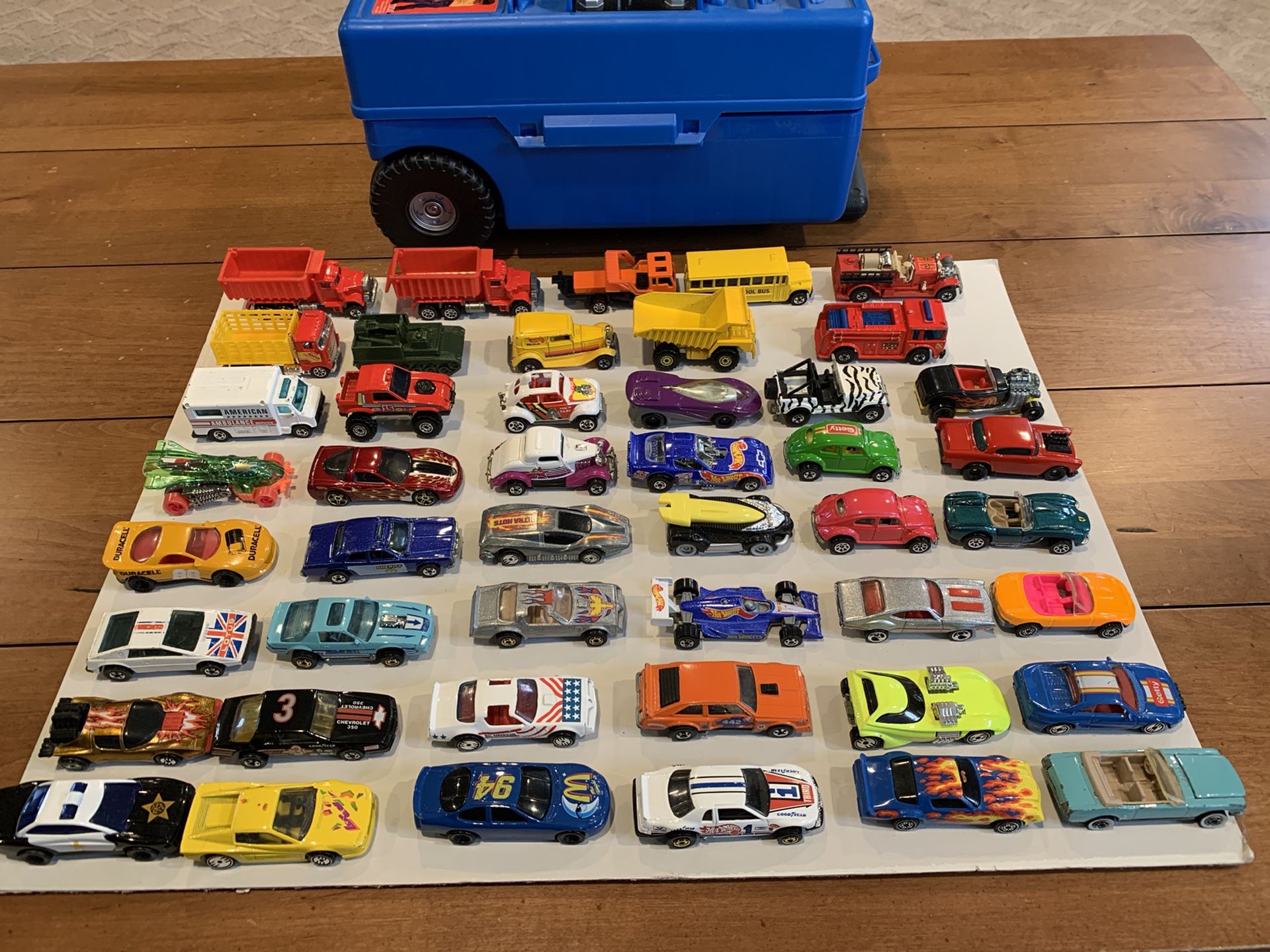 Collectible Hot Wheels toy cars and trucks.