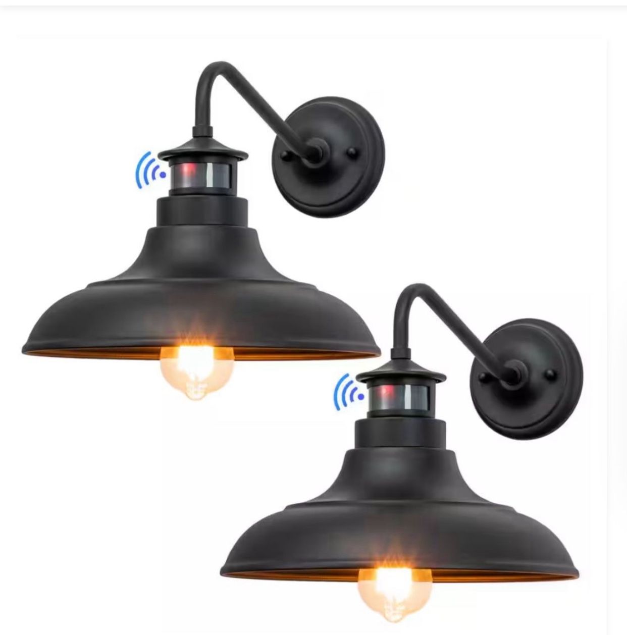 1-Pair Of Matte Black Motion Sensor Dusk To Dawn Gooseneck Outdoor Wall Lantern Sconce