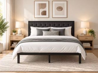 Black Upholstered Platform Bed Frame with Tufted Headboard