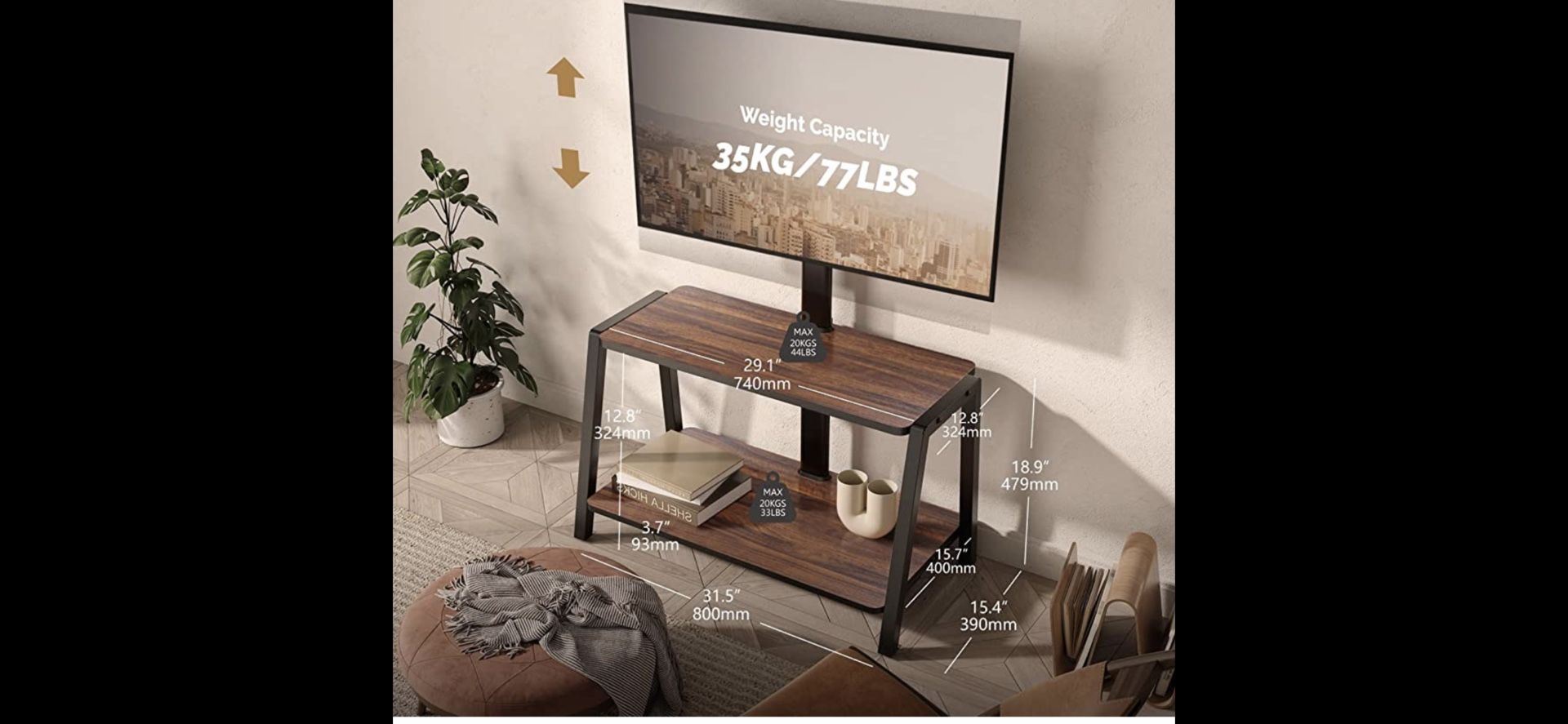 Wood TV Stand with Mount for 32-55 inch TVs, 2 Tier Entertainment Center with Storage for Bedroom & Corner, Tall Wooden TV Mount Stands & Metal Mount