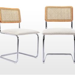 Mid Century Modern Dining Chairs Set of 2, Upholstered Boucle Kitchen Chairs, Famous Breuer Designed Chairs, Armless Accent Chairs with Natural Cane B