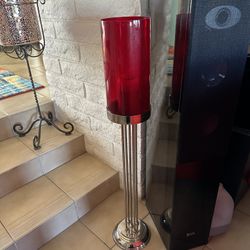 Red Glass , Metal Base Candle Holder 