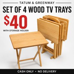Set of 4 Solid Wood Folding TV Trays with Storage Stand – Like New