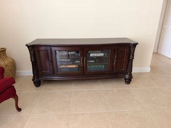 Dark Wood TV Console with Glass Doors