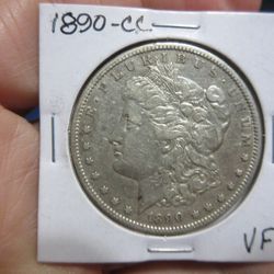 1890-CC MORGAN SILVER DOLLAR, AU DETAILS

