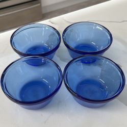 Set Of 4 Blue Glass 4” Small Bowl Baking Ramekins Oven Microwave Safe 