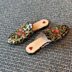 Gucci Leopard Print Mules with Embroidery 