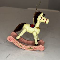 Wooden Vintage Rocking Horse Christmas tree ornament toy pink cream handmade 