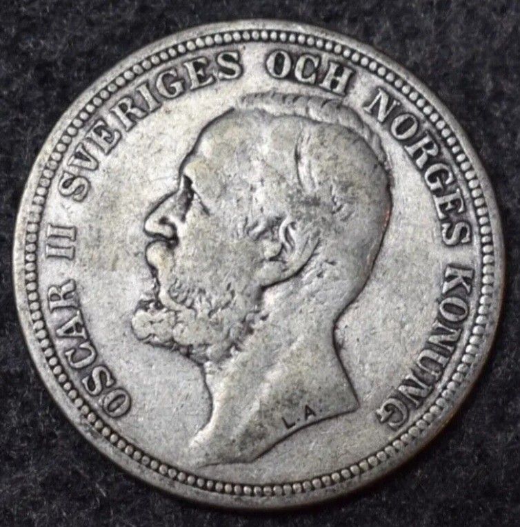 Antique 1897 SWEDEN 2 KRONOR Silver Coin