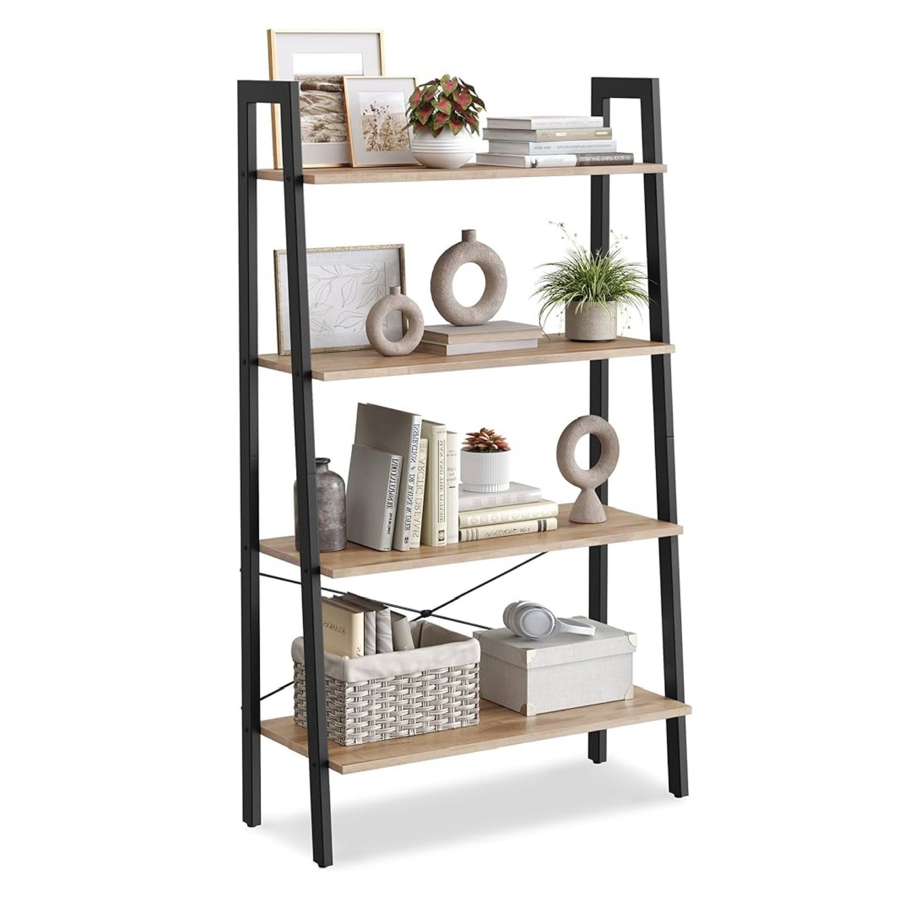 Ladder Shelf, 4-Tier Bookshelf, Storage Rack, Bookcase with Steel Frame