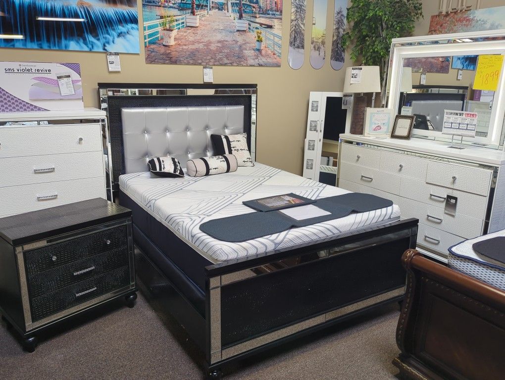 QUEEN BEDROOM SET 4PCS BED, DRESSER, MIRROR, 1 NIGHT STAND