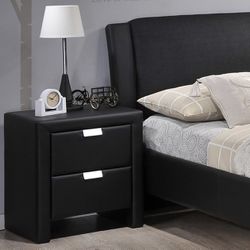 Set Of Two: Black Faux Leather Matching Nightstand Contemporary New Condition 
