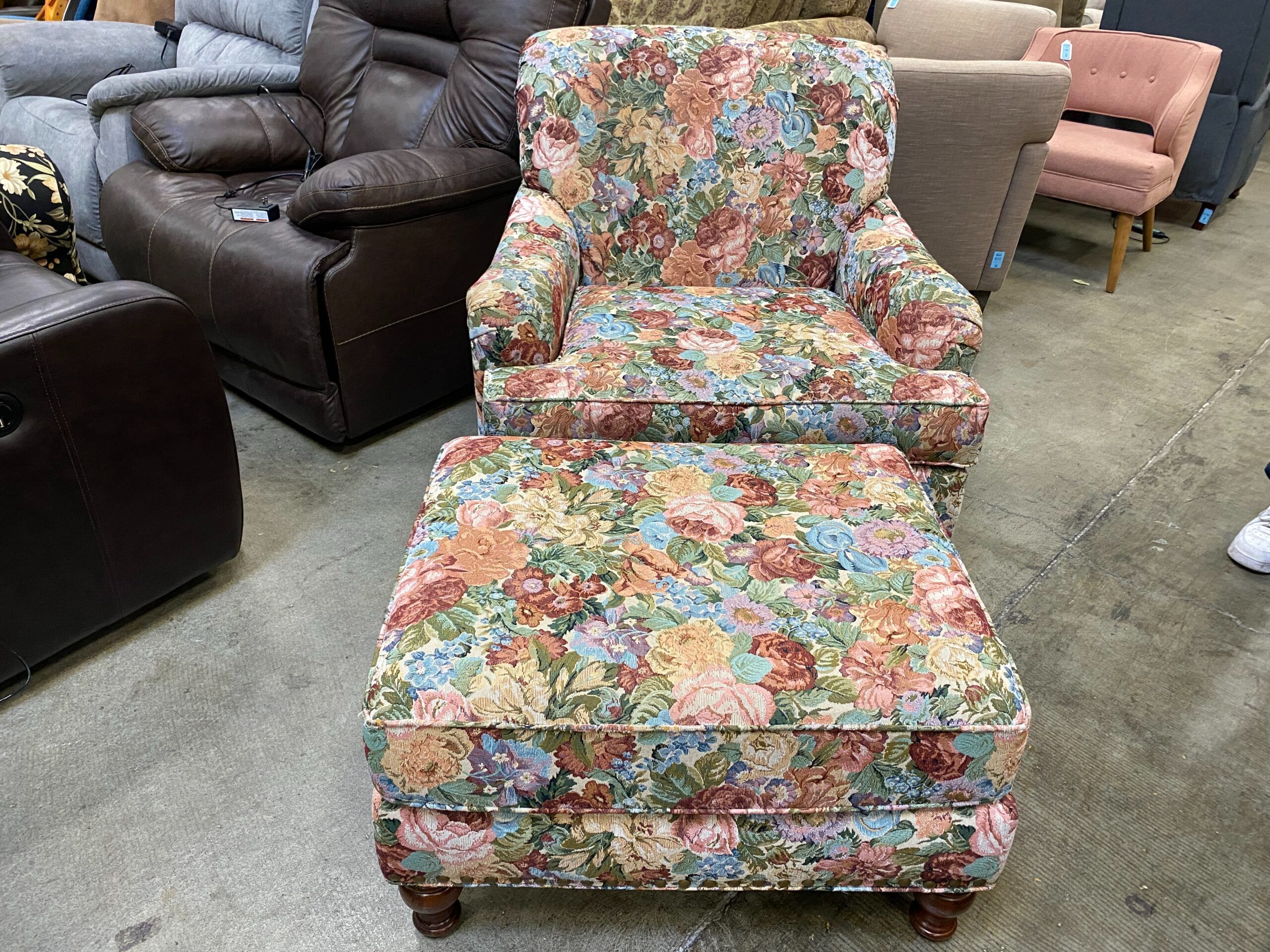 Floral Tapestry Armchair with Ottoman