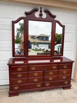 Cherry Wood Dresser with Tri-Fold Mirror