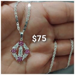 925 Sterling Silver Chain With The Pendant/Cadena Con Medalla De La Virgen De Plata 925