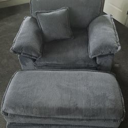 Oversized Grey Corduroy Chair with Ottoman 