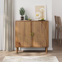 Brand New Sealed Walnut Wood Buffet Cabinet with Line Groove