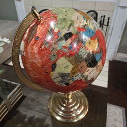 Vintage Large Red World Globe w/ Varied Stone Countries, Gold Stand, & Compass