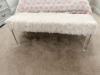 White Faux Fur Bench with Acrylic Legs