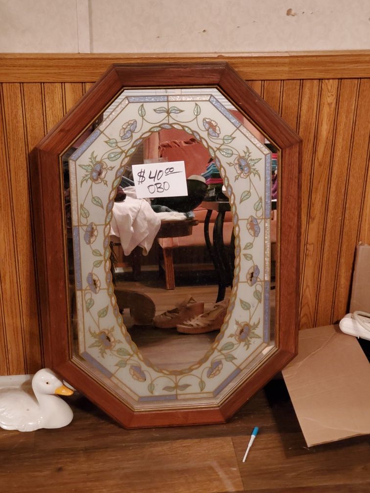 Antique Solid oak Octagon stained glass mirror