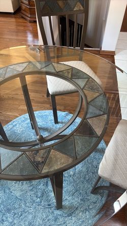 Round Glass Top Dining Table with Stone Inlay