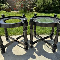 Set Of 2 End Tables Solid Black Wood Glass Top