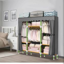 Portable Closet 57 Inch Wardrobe Closet Clothes Organizer with 3 Storage Shelves and 3 Hanging Rods, Cloth Closet of Colored Rods Grey Cover Quick and
