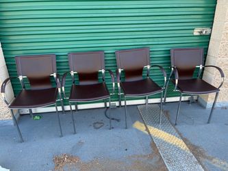 Set of 4 Brown Leather Chrome Arm Chairs