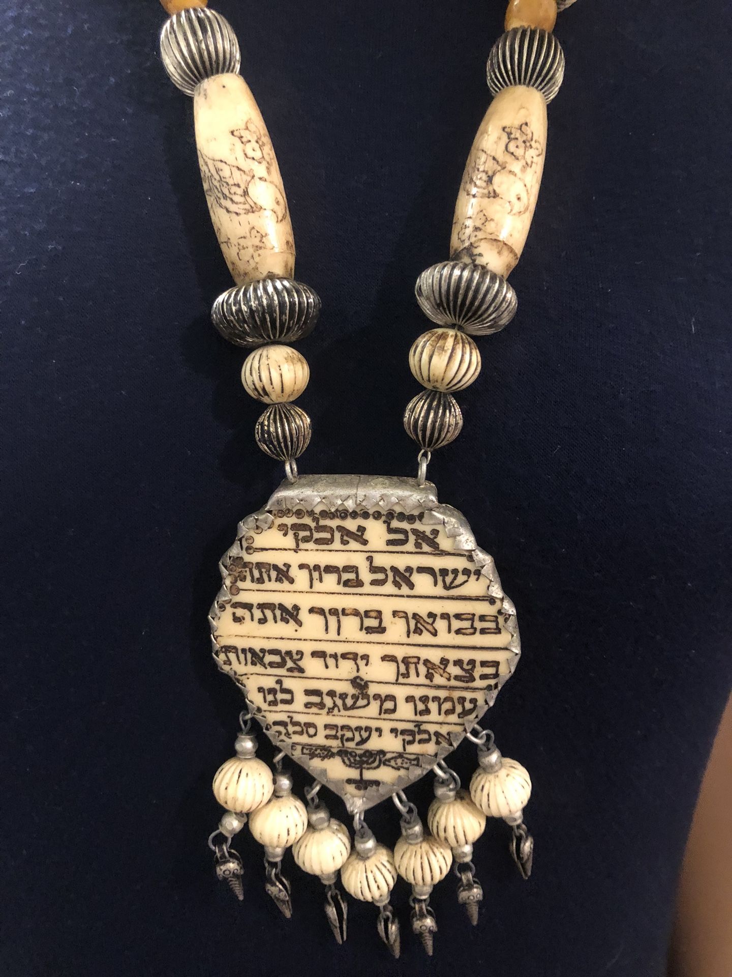 18 Century Judaical Necklace Made Of Silver Or Silver Plate And Bone W Hebrew Prayer