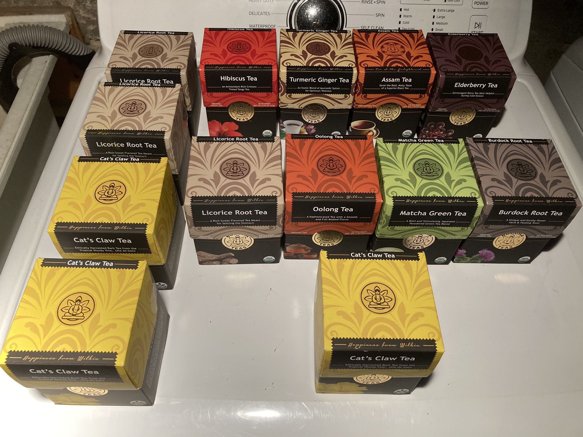 Collectible Buddha Tea Lot 14 Boxes Elderberry Cat’s Claw Licorice Oolong Matcha 