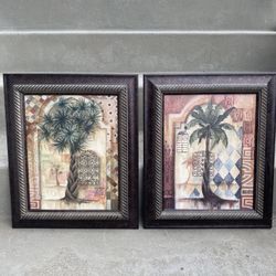 2 Vintage oil painting palm tree wall decor framed