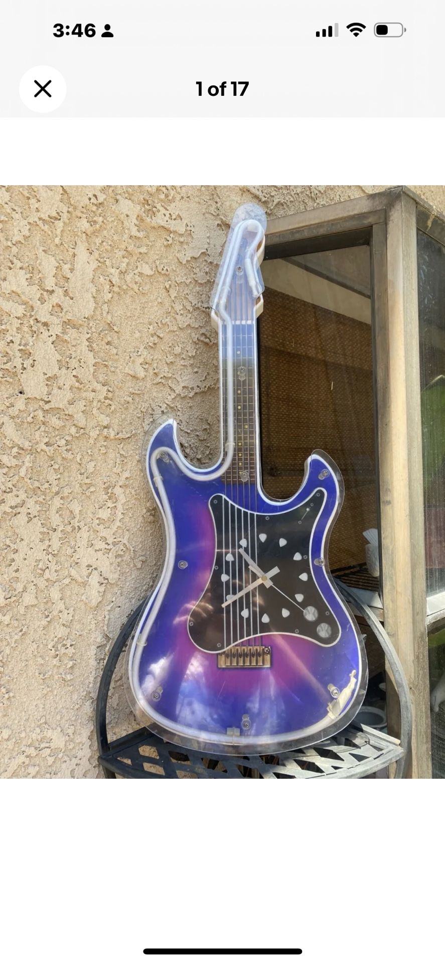 Vintage blue Neon Light Guitar Wall Clock purple guitar 29” Working