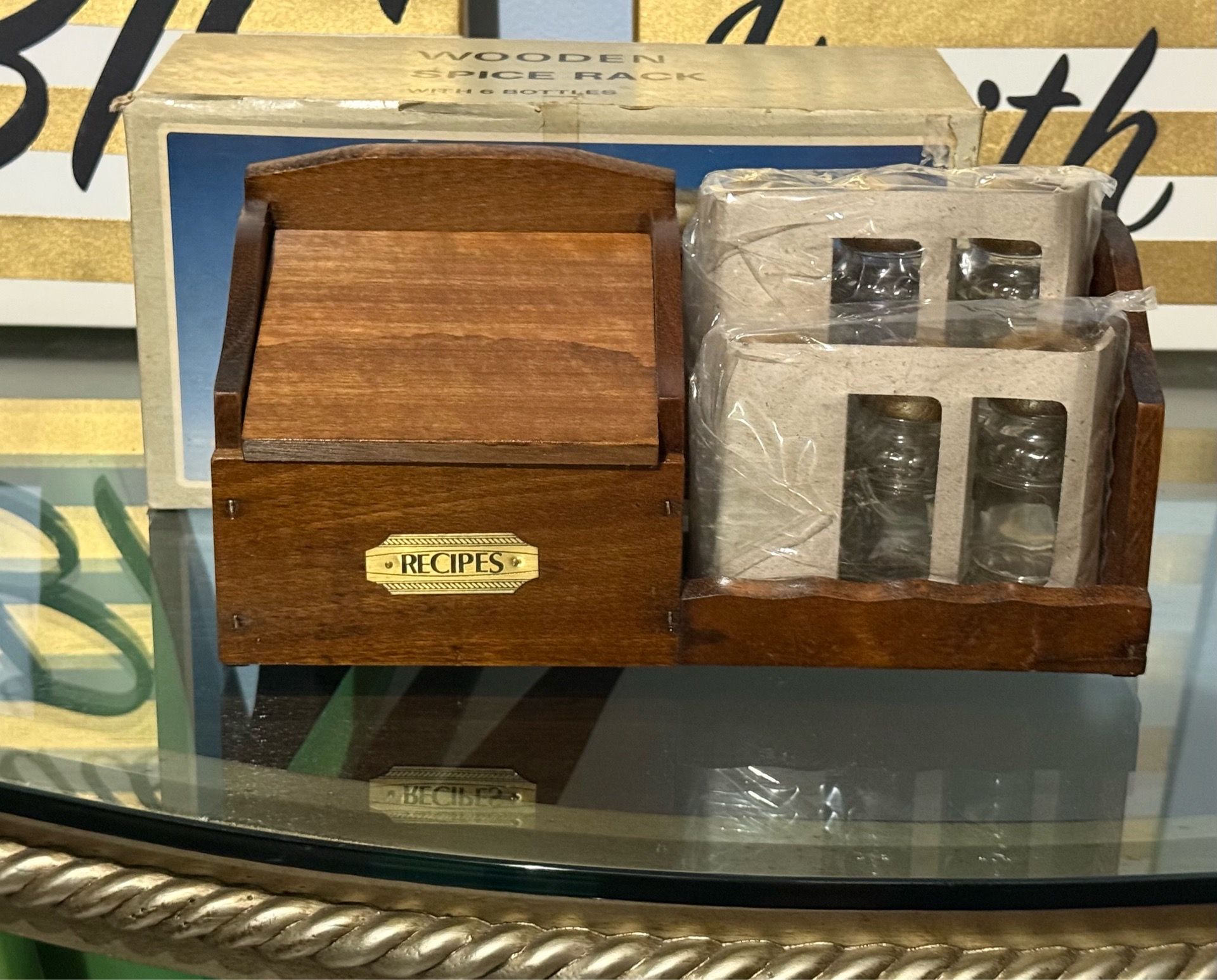 Wood Spice Rack with 6 Glass Bottles & Recipe Box With Cards