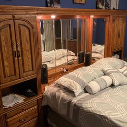 Oak Headboard Cabinet ,wired With Outlets And lighted