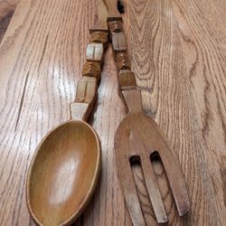 Vintage, Mid Century Tiki Style, Totem Design Hand Carved Wooden Fork And Spoon With Hangers